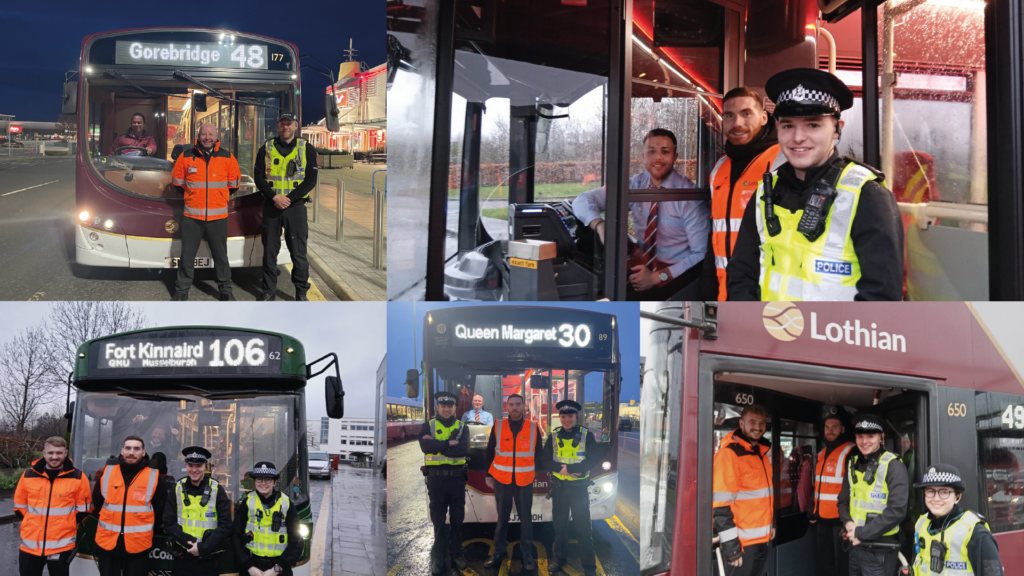 Collage of photos showing police patrols with Lothian Buses drivers and support staff.